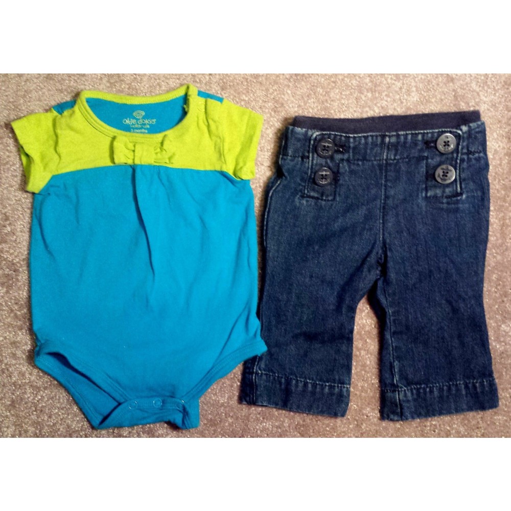 Girl's Size 0-3 M Months Two Piece Blue/ Green Color Block Bow Top & Denim Pants